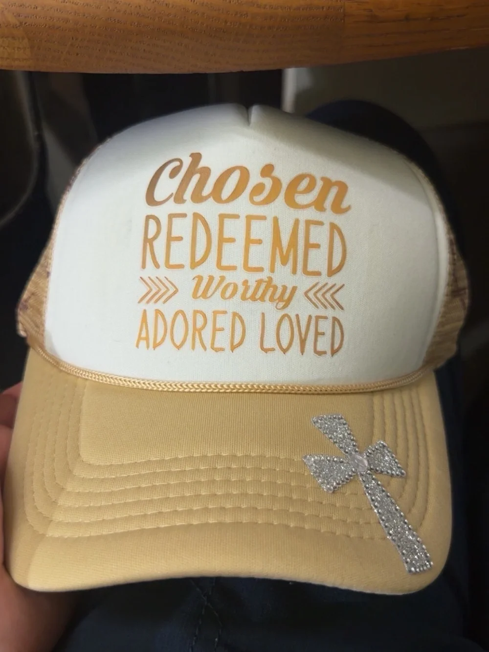 Chosen Redeemed Worthy Adored Loved Yellow Trucker Hat